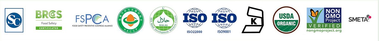 Monk Fruit Extract Certifications including ISO, GMP, HACCP, Organic, Kosher, and Halal compliance for global ingredient supply